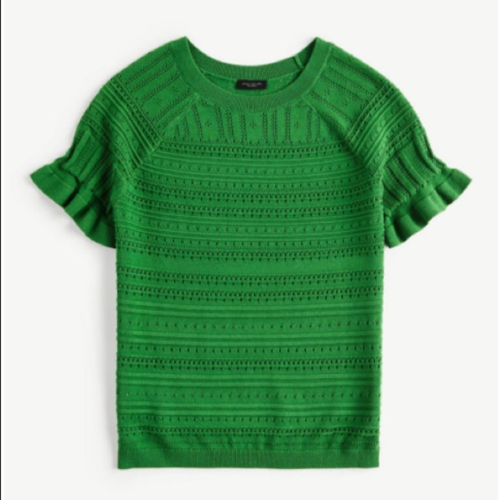 Ruffle Pointless Short Sleeve Sweater - Green
